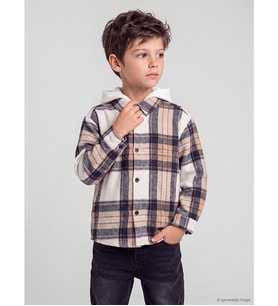 LCW Kids Bej Kapüşonlu Ekose Gabardin Erkek Çocuk Gömlek