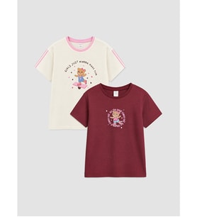 LCW Kids Ekru Bisiklet Yaka Baskılı Kız Çocuk 2'li Tişört