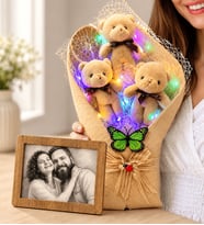 Kişiye Özel Karakalem Fotoğraflı Çerçeve ve Renkli Led Kahve Ayıcık Buketi