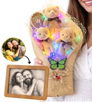 Kişiye Özel Karakalem Fotoğraflı Çerçeve ve Renkli Led Kahve Ayıcık Buketi