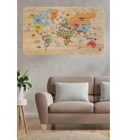 Ahşap Görünümlü Türkçe Eğitici Detaylı Atlası Dünya Haritası Duvar Sticker -60x105-3868