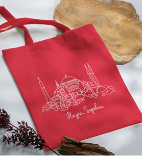 BK Gift Ayasofya Camii Tasarımlı Kırmızı Kumaş Bez Çanta, Baskılı Omuz Çantası, Alışveriş Çantası, Arkadaşa Hediye-1