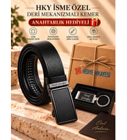 Hky Hakiki Deri Otomatik Deliksiz Mekanizmalı İsme Özel Kemer (Siyah) (İsme Özel Anahtarlık Hediyeli)