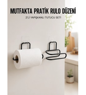 2’li Siyah Metal Rulo Kağıt Tutucu Yapışkanlı Banyo ve Mutfak Kağıtlık