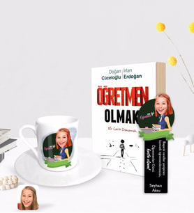 BK Gift Kişiye Özel Kadın En İyi Öğretmen Karikatürlü Türk Kahvesi Fincanı Ahşap Kitap Ayracı ve Öğretmen Olmak Kitabı Hediye Seti-1