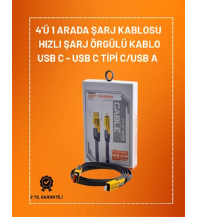 4'ü 1 Arada USB Hızlı Şarj ve Veri Kablosu – 65W Güç, Çoklu Bağlantı, 1.2m