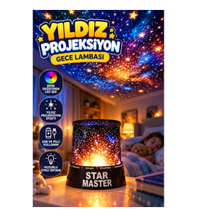Yıldız Desenli LED Projeksiyon Gece Lambası – Renk Değiştiren USB ve Pilli Oda Işığı