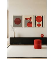 Minimalist Kırmızı Geometrik Soyut Sanat 3’lü Ahşap Çerçeveli Tablo Seti