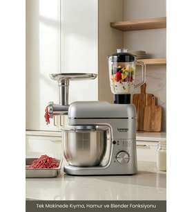 Lorenzo Multichef Stand Mixer 3in1 Hamur Yoğurma Blender Et Kıyma Makinesi (Gri)