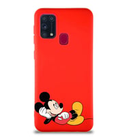 Samsung Galaxy M31 Soft Premier Kapak Mickey Mouse-F Tasarımlı Silikon Kılıf - Kırmızı (Şeffaf)