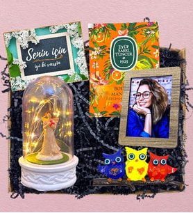 Fotoğraf, Baykuş Magnet, Islak Mendil & Işıklı Şans Melekli Fanus  Premium Set