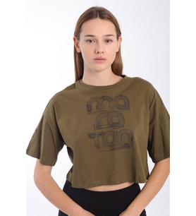 Maraton Comfort Kadın Bisiklet Yaka Zeytin Crop Top