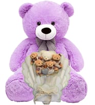 Sevimli 90 cm Peluş Ayı ile Giysili Yumoş Peluş Ayıcık Buketi, Sevgiliye- Sevdiklerinize; Doğum Günü, Yıldönümü, Özel Gün (Lila)