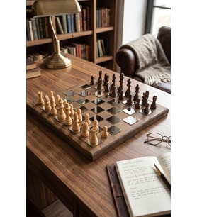 Premium Gümüş Kareli Ahşap Taşlı Lüks Satranç Takımı Dekoratif VIP Hediyelik Set 37x37 cm Büyük Boy