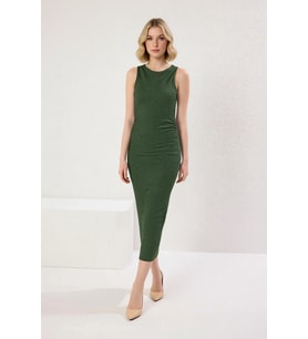 Kadın Kolsuz Bisiklet Yaka Midi Bodycon Gofre Dokulu Astarlı Örme Elbise Rahat Günlük Modern Şık