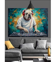 Kulaklıkla Dj Bulldog Köpeği Dekoratif Kanvas - Mdf Ahşap Tablo