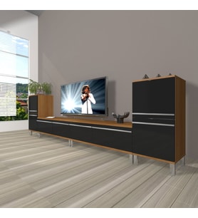 Decoraktiv Eko 9200T Mdf Krom Ayaklı Tv Ünitesi Tv Sehpası (Siyah - Ceviz)