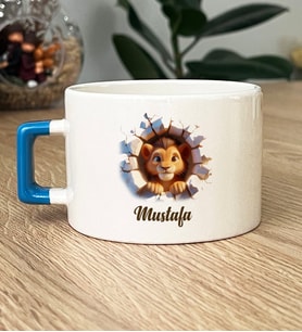 Kişiye Özel 3D Efektli Aslan Baskılı Hediye Lüks Fincan İsimli İsim Yazılı (Mavi)