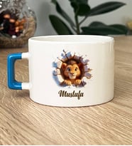 Kişiye Özel 3D Efektli Aslan Baskılı Hediye Lüks Fincan İsimli İsim Yazılı (Mavi)