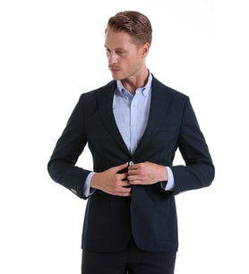 Hatemoğlu Lacivert Slim Fit Düz Mono Yaka Casual Keten Ceket