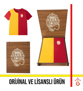Galatasaray Lisanslı 5 yıldızlı Sarı Kırmızı Çocuk T-Shirt Hediye Aslan Ahşap Kutulu