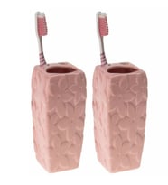 2 ADET SERAMİK DİŞ FIRÇALIK ÇİÇEKLİ PEMBE MODEL 7X7X12CM  BANYO SETİ