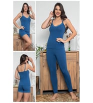MyBen Kadın Saks Renkli Dantel Detaylı Şortlu ve Taytlı Pijama Takımı 3'lü Set 75001