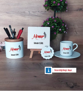 Memur Hediye Seti Dekoratif Taş, Kalemlik, Ahşap Altlıklı Türk Kahvesi Fincanı, Ahşap Anahtarlık Hediye (Model 2)