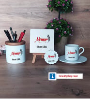 Memur Hediye Seti Dekoratif Taş, Kalemlik, Ahşap Altlıklı Türk Kahvesi Fincanı, Ahşap Anahtarlık Hediye (Model 2)
