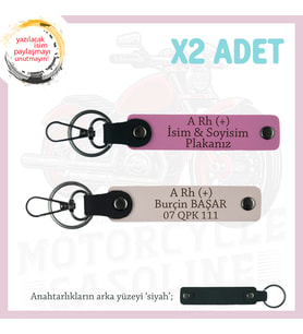 Motor Severlere, İsim Plaka ve A + Kan Grubu Yazılı Özel Tasarım Deri x2 Anahtarlık, Pudra-Pembe-Syh
