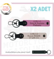 Motor Severlere, İsim Plaka ve A + Kan Grubu Yazılı Özel Tasarım Deri x2 Anahtarlık, Pudra-Pembe-Syh
