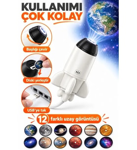 12 Film Diskli Roket Galaksi Projektörü Usb Tak Çalıştır Uzay Ve Gezegen Projeksiyon Gece Lambası