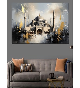 Tarihi Camii Ve Altın Detaylar Dekoratif Kanvas - Mdf Ahşap Tablo