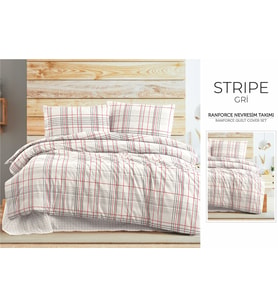 Nevresim Takımı Çift Kişilik %100 Pamuk Kutulu Stripe Gri