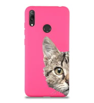 Huawei Y7 2019 Uyumlu Lansman Kılıf Catface Tasarımlı İçi Kadife Kapak-Neon Pembe (Şeffaf)