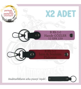 Motosiklet Aşıkları İçin, İsim Plaka ve B Rh (+) Kan Grubu Yazılı 2'li Anahtarlık, Kırmızı-Pembe-Syh (Çok Renkli)