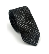 Beyaz Desenli Siyah Dokuma Kumaş Mendilli Slim Fit Kravat // SDK-2602-1