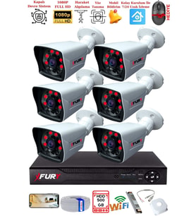 FURY 6 Kameralı 2MP Full HD Görüntü 6 Atom Led Gece Görüşlü Dış Mekan Güvenlik Kamerası Seti 500GB