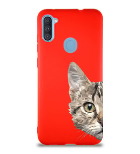 Samsung Galaxy A11 Soft Premier Kapak Catface Tasarımlı Silikon Kılıf - Kırmızı (Şeffaf)
