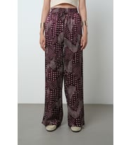 Kadın Bordo Renk Puantiye Desenli Bol Paça Beli Lastikli Pantolon