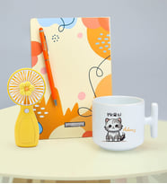 Kişiye Özel Touch Pen & Haftalık Planner & Mini Çiçekli El ve Masa Fanı & Turuncu Tasarım Defter & T Kupa Hediye Seti