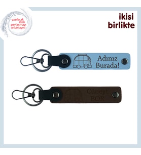 Karavanla Keşfe Çıkanlara Özel, Yazılabilir Deri Anahtarlık Takımı, İsim Yazılı, Gök Mavi-Koyu Kahve
