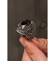 Siyah Zirkon Taşlı Oval 925 Erkek Gümüş Yüzük