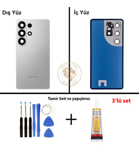 Samsung Galaxy S26 Ultra Gümüş Renk Lensli Arka Kapak + Tamir Seti + B7000 Yapıştırıcı Arka Cam Batarya Kapağı Pil Kapağı Lazer Kesim Back Cover Galaxy S26 Ultra Uyumlu