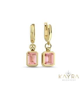 Kunzit Pembe Taşlı Altın Küpe AHK03