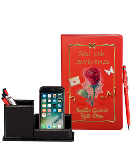 Sevgililer Gününe Özel Kırmızı Defter Kalem & Deri Kaplama Kalemlik Hediye Seti 16