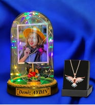 Kişiye Özel Renkli Led Işıklı Fanus ve Renkli Zümrüdü Anka Kuşu Kolyesi (Model 6)