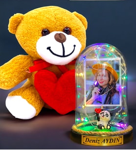 Size Özel Renkli Led Işıklı Fanus ve Kalpli Peluş Ayıcık Hediye Seti (Model 8)