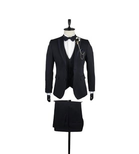 Koyu Lacivert Armürlü Mono Yaka Astarlı Yelekli 6 Drop Slim Fit Smokin Damatlık 1001220202
