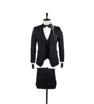 Koyu Lacivert Armürlü Mono Yaka Astarlı Yelekli 6 Drop Slim Fit Smokin Damatlık 1001220202